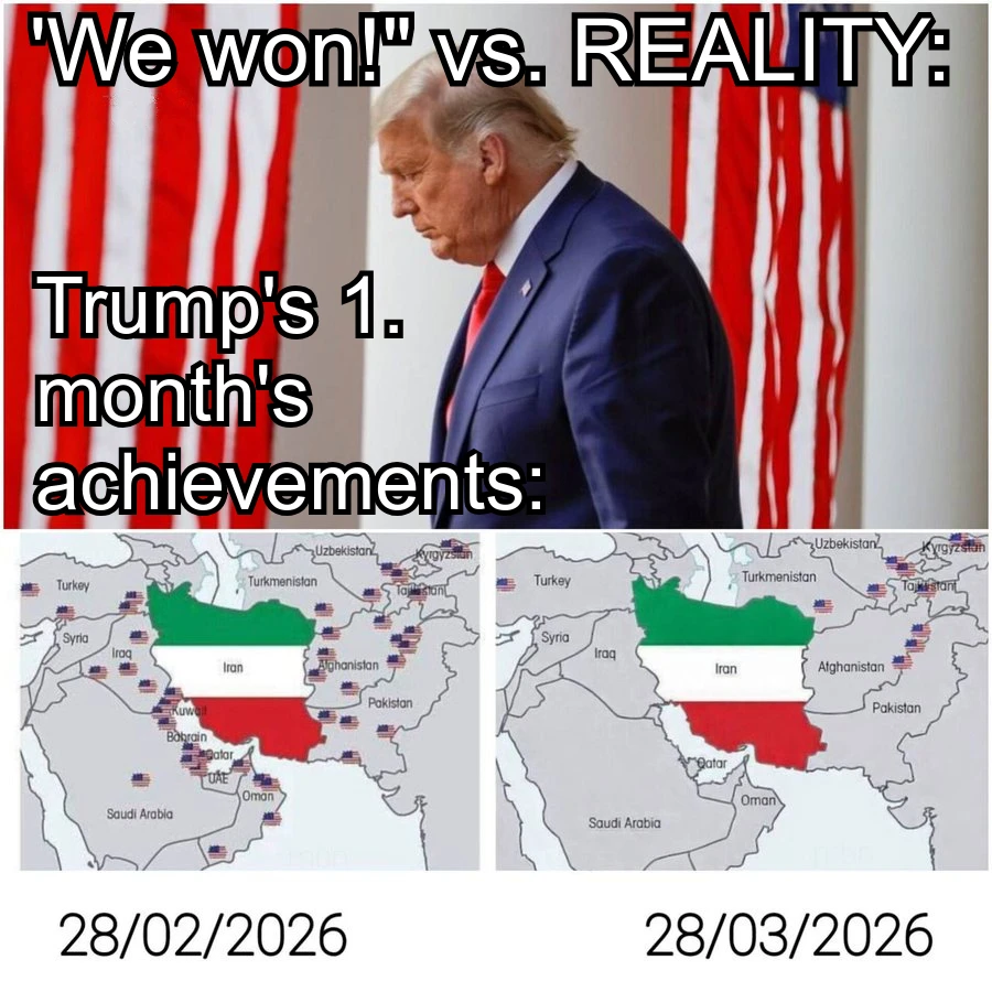 Trump egy hónapos eredménye az iráni háborúban: a legtöbb amerikai haditámaszpont megsemmisült + Irán háromszor annyi pénzt keres kőolajon (mert többet ad el magasabb árakon) + extraprofit milliók a szoros díjaiból + dedollárosítás